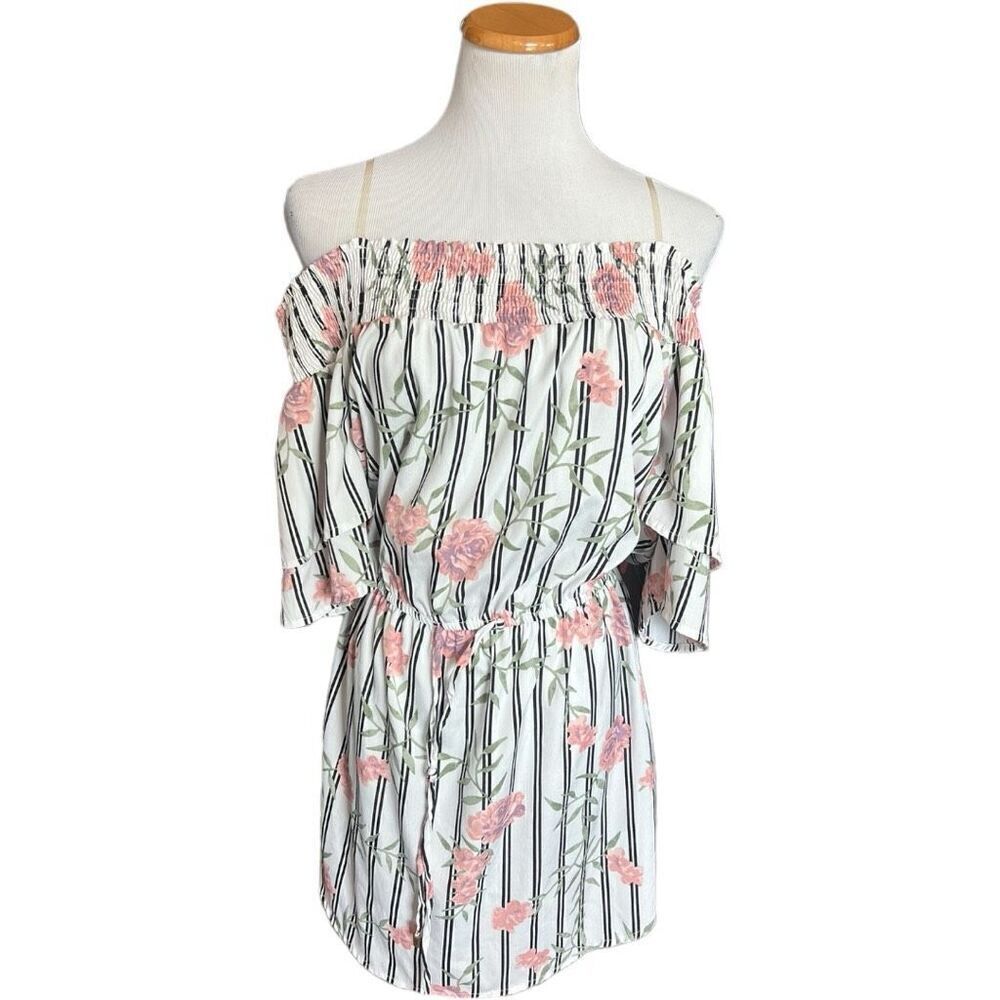 Womens Hint of Blush Bandeau Floral Print Stripe Off Shoulder Dress - Sz XL